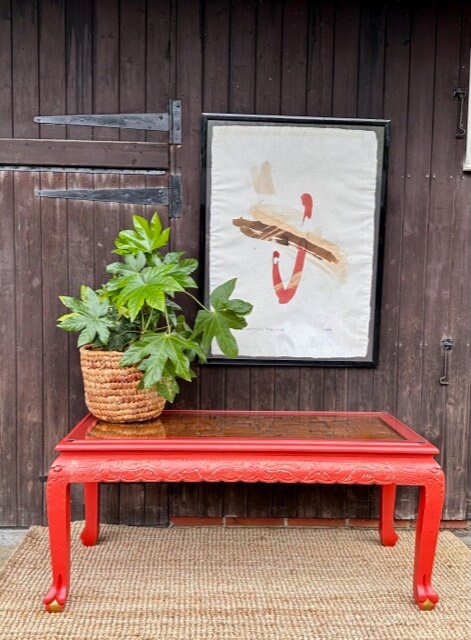 Vintage Red Oriental Coffee Table, Rectangular Decorative Low Table, Japandi Home Decor, Painted Furniture, Quirky Wooden Table, Glass Top